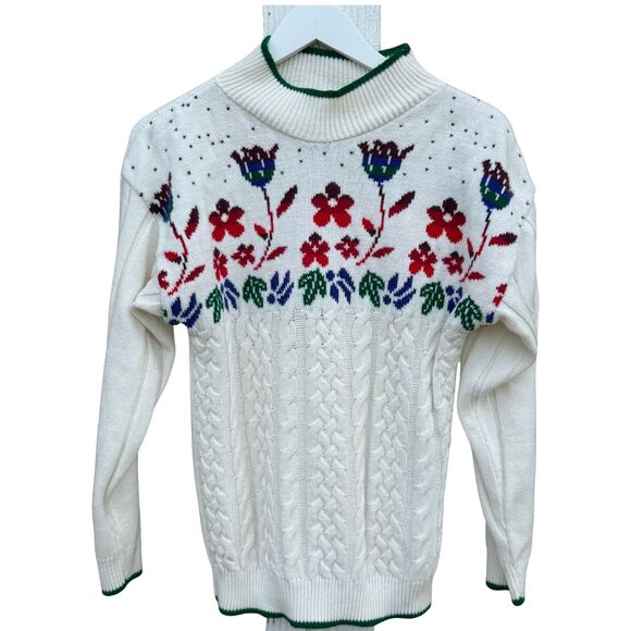Vintage 80s Floral Fair Isle Cable Knit Sweater White Red Green (Womens M/L) - Picture 1 of 5